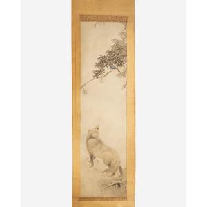 Kakejiku By Furuichi Kinga, Ink Painting: Tanuki Watching A Bird. Edo Period, Japan