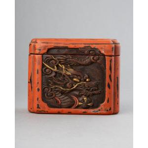 Tonkotsu. Wood Carved And Japanese Lacquer Urushi Tobacco Box. Meiji-period Japan