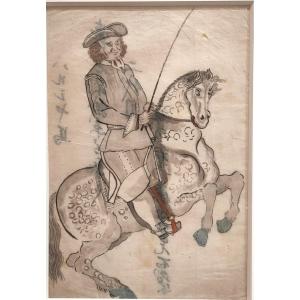 Ink Drawing On Paper—dutch Horseman. Japan, 19th Century Edo, Meiji Period