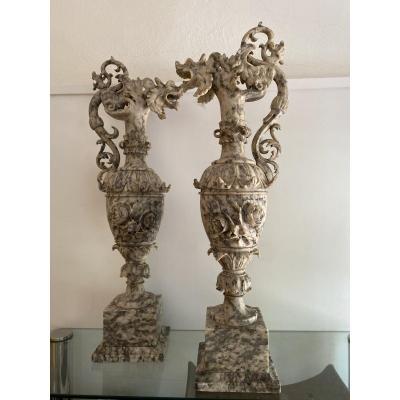 Pair Of Ewers In Alabaster