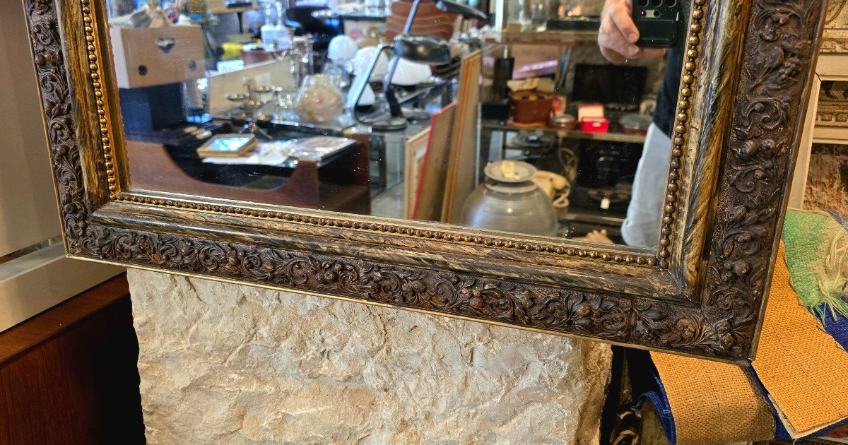 Napoleon III Mirror In Wood And Stucco With Golden Patina And Dark Bronze 89 Cm -photo-2