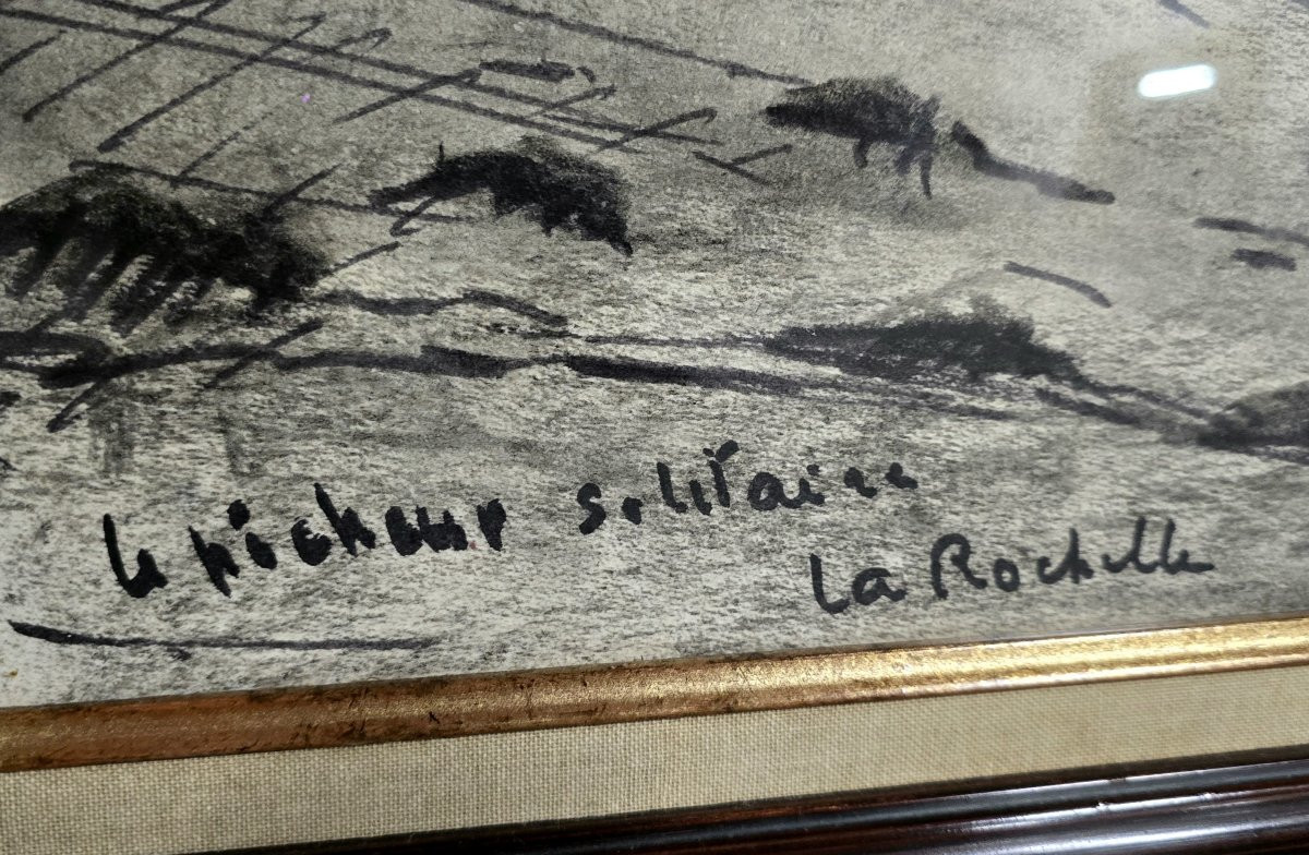 Henri Macker (1896 - ?) - Fusain Sur Papier - Le Pêcheur Solitaire La Rochelle -photo-2