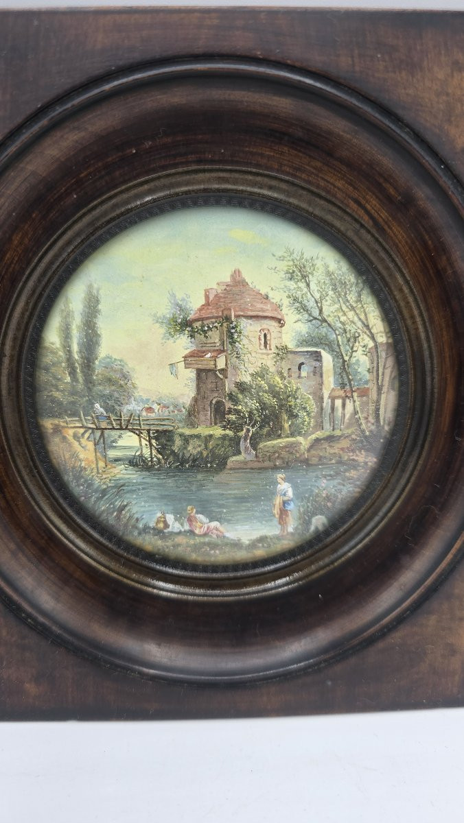 Miniature Sur Porcelaine Sous Verre Bombé XXe-photo-2