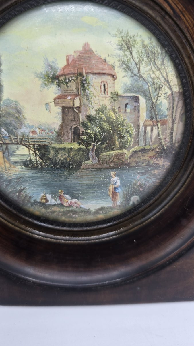 Miniature Sur Porcelaine Sous Verre Bombé XXe-photo-3