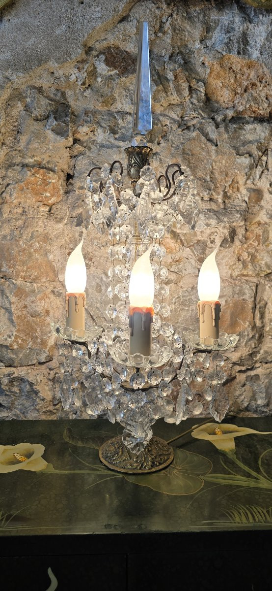 Girandole In Gilded Bronze And Glass Pendants-photo-3