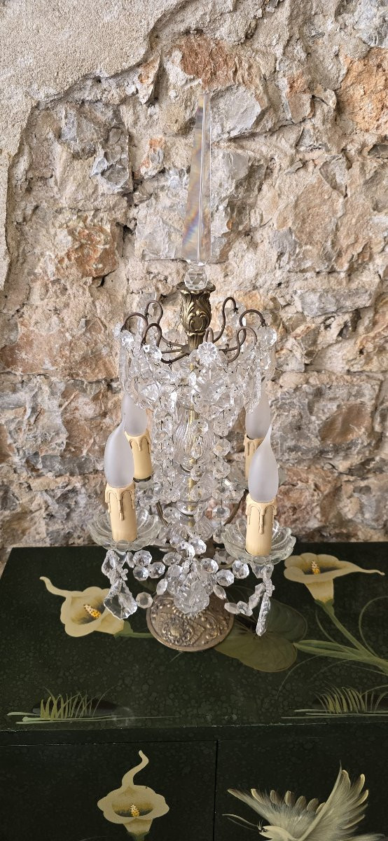 Girandole In Gilded Bronze And Glass Pendants-photo-1
