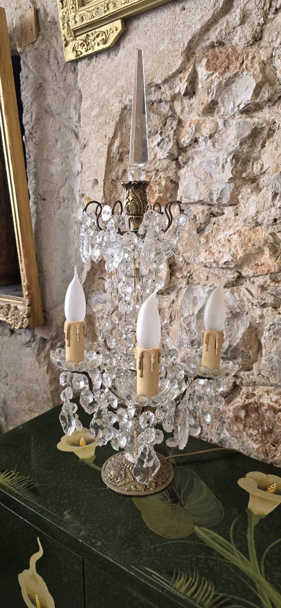 Girandole In Gilded Bronze And Glass Pendants-photo-3