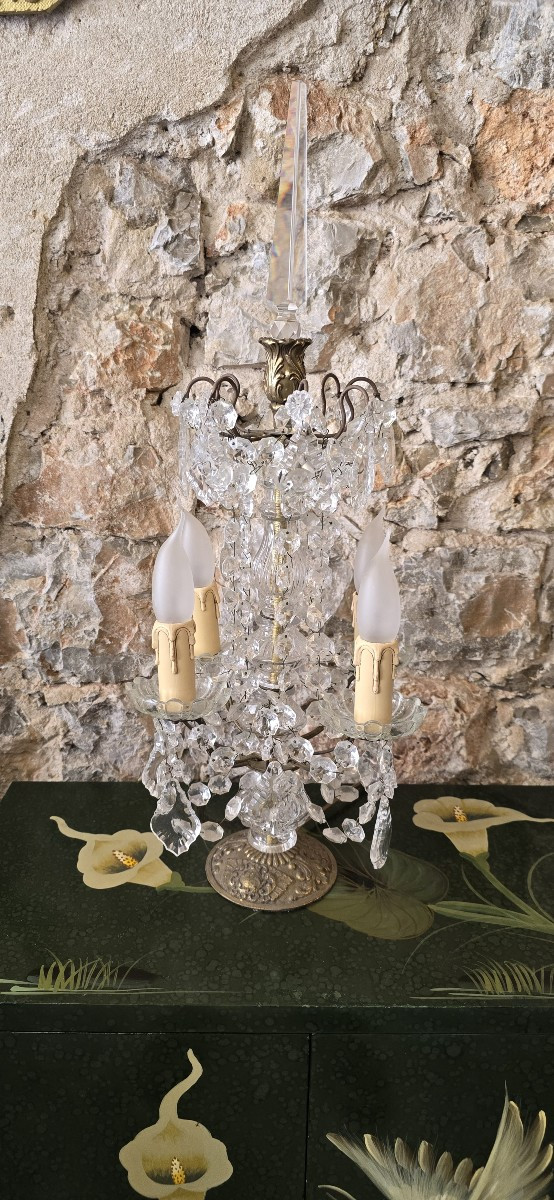 Girandole In Gilded Bronze And Glass Pendants