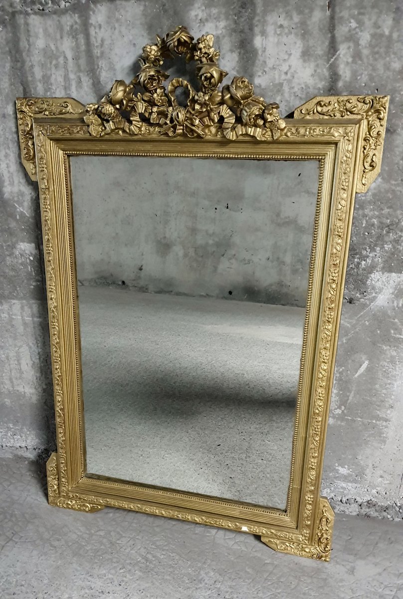 Miroir doré à fronton fleuri – époque Napoléon III - 107 cm-photo-2