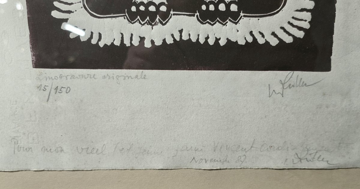 Eugène Fidler (1910-1990) Linogravure "La chouette" 1987-photo-1