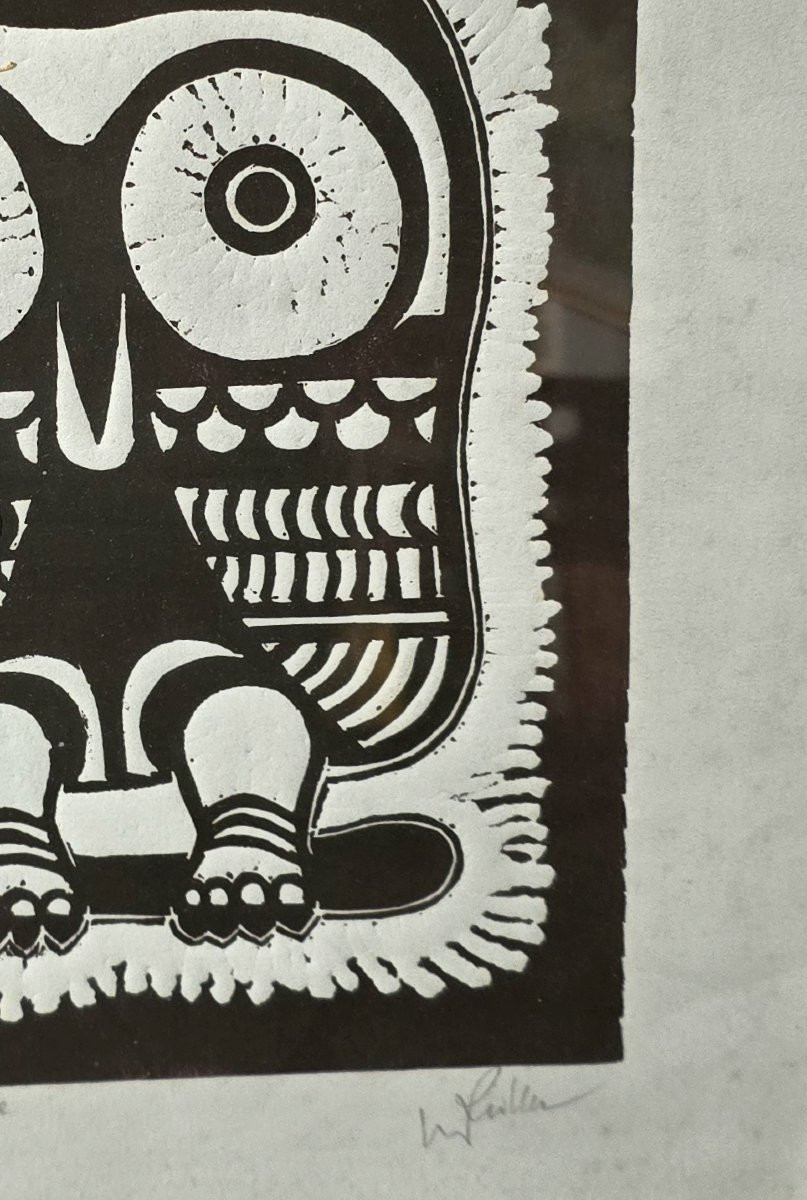 Eugène Fidler (1910-1990) Linogravure "La chouette" 1987-photo-2