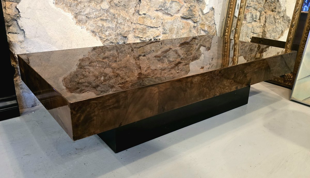 Coffee Table In Elm Burl Veneer Attributed To Willy Rizzo - 1970-photo-3