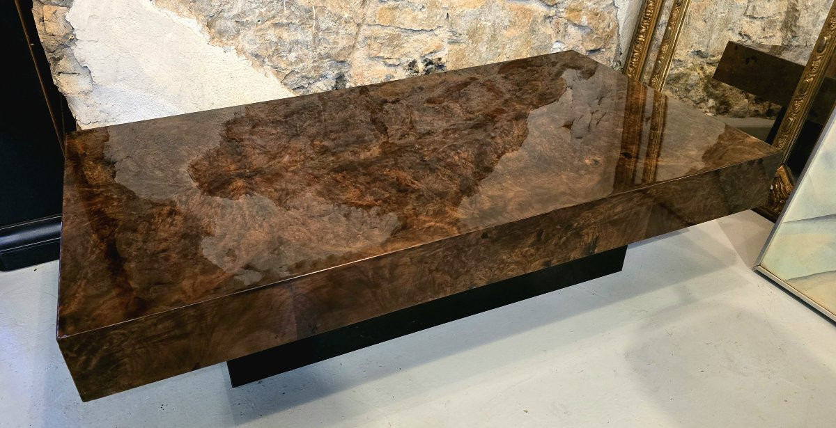 Coffee Table In Elm Burl Veneer Attributed To Willy Rizzo - 1970-photo-4