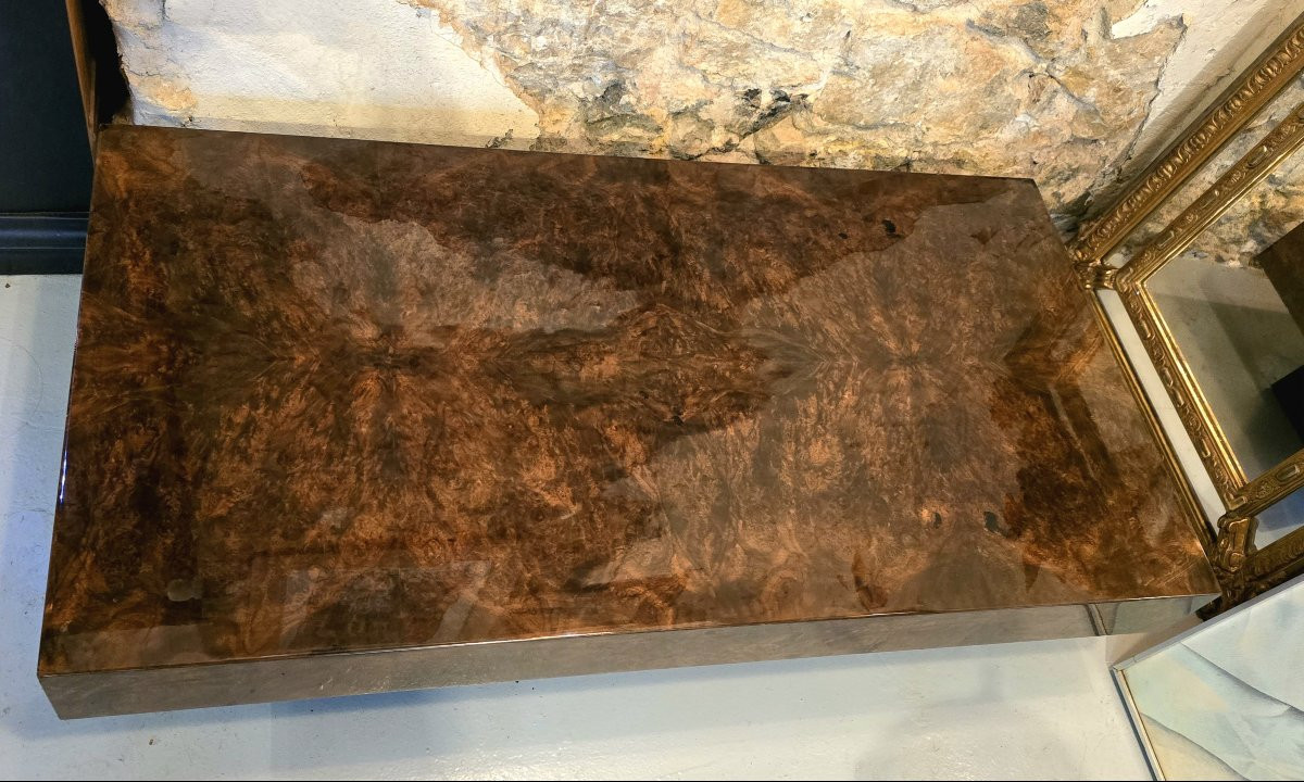 Coffee Table In Elm Burl Veneer Attributed To Willy Rizzo - 1970-photo-2