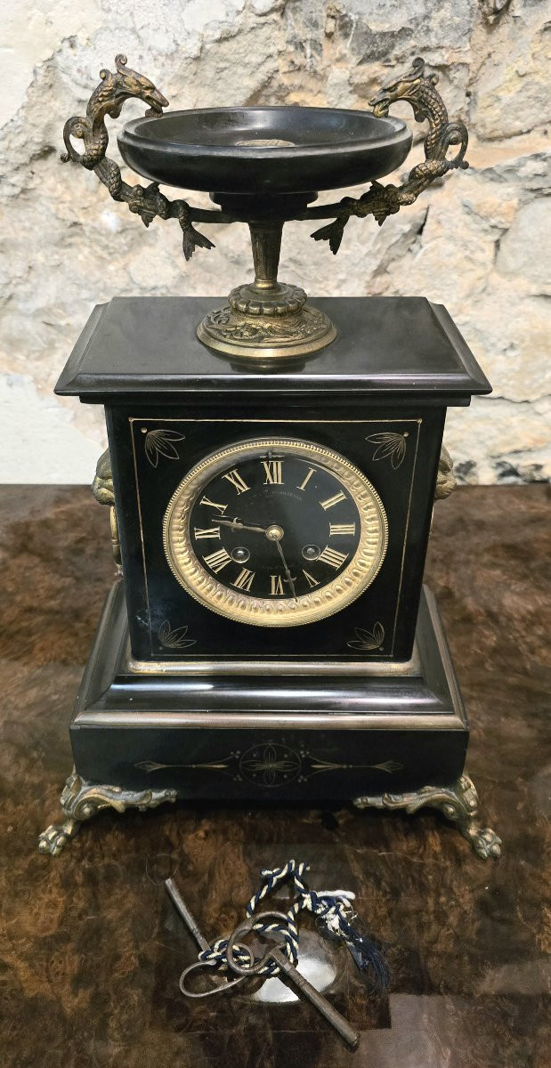 Napoleon III Clock In Black Marble And Bronze – 19th Century-photo-2