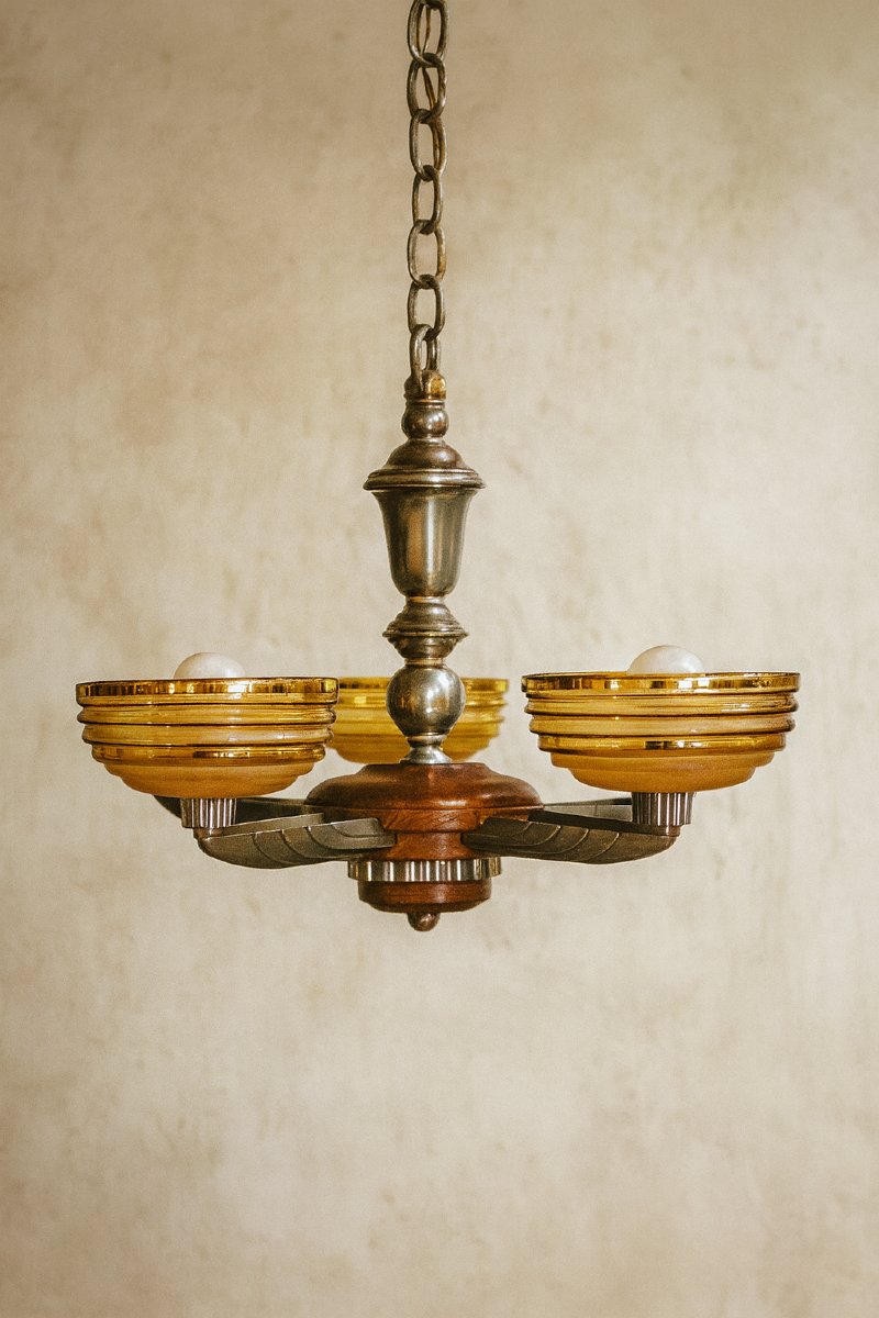 Petitot Art Deco Chandelier – 5 Lights – Wood, Metal And Amber Glass, 1920-photo-2