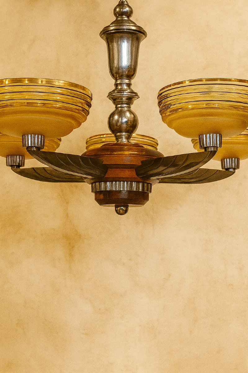 Petitot Art Deco Chandelier – 5 Lights – Wood, Metal And Amber Glass, 1920-photo-3