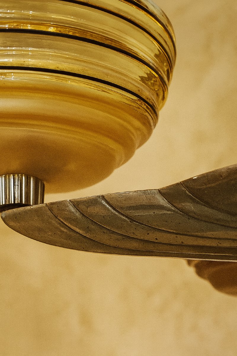 Petitot Art Deco Chandelier – 5 Lights – Wood, Metal And Amber Glass, 1920-photo-1