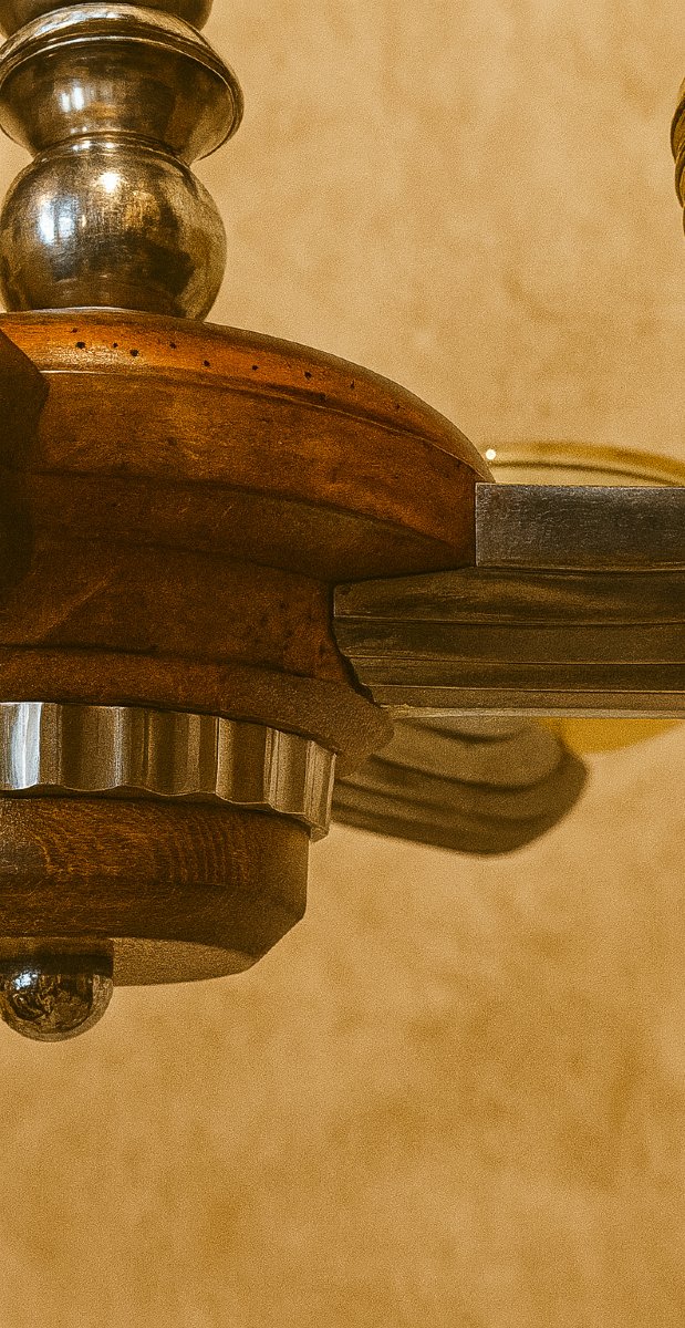 Petitot Art Deco Chandelier – 5 Lights – Wood, Metal And Amber Glass, 1920-photo-2