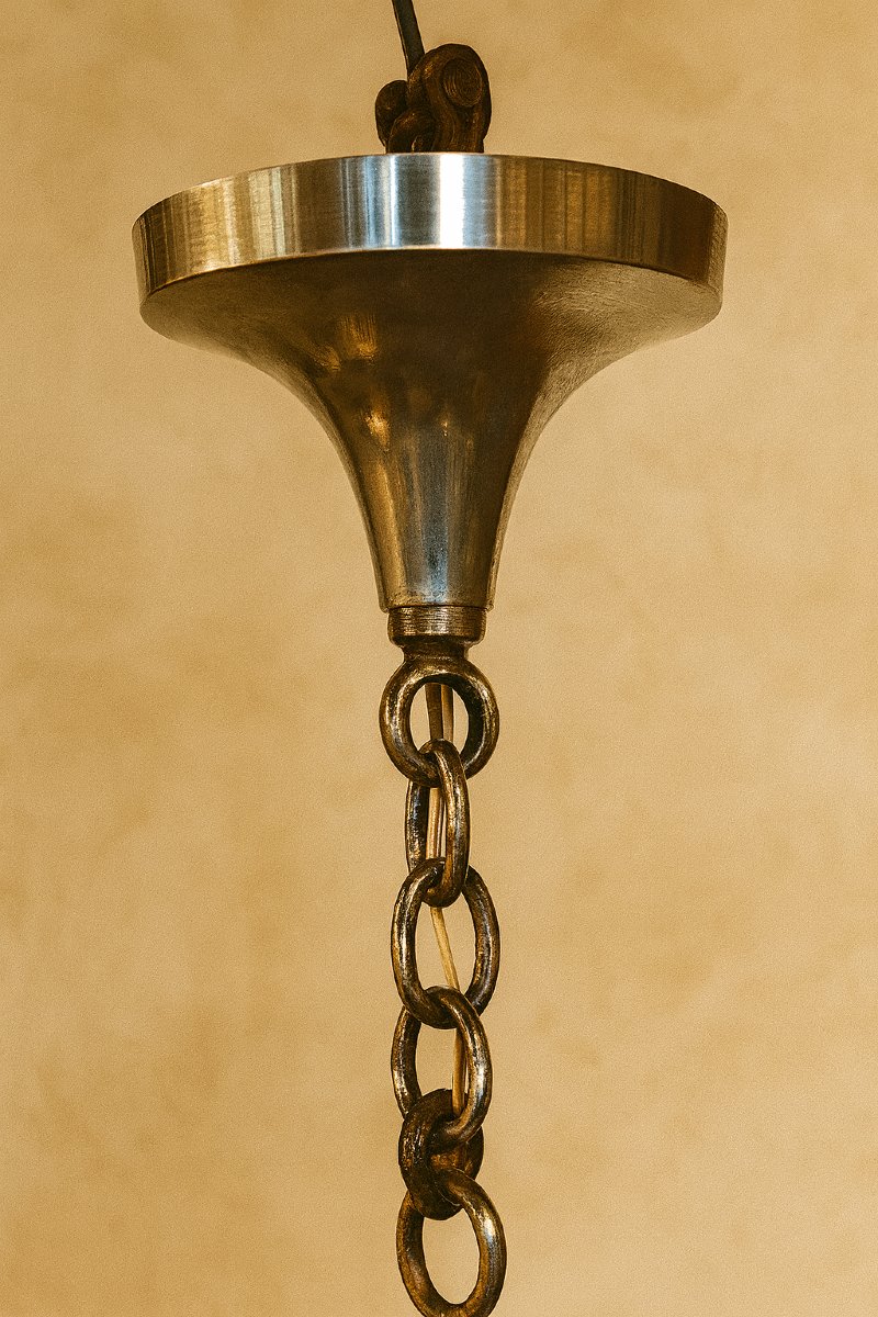 Petitot Art Deco Chandelier – 5 Lights – Wood, Metal And Amber Glass, 1920-photo-3