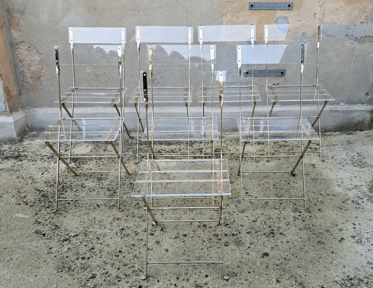 Yonel Lebovici (1937 - 1998) et Bernard Berthet suite de 8 chaises pliantes en plexiglas, 1970-photo-2