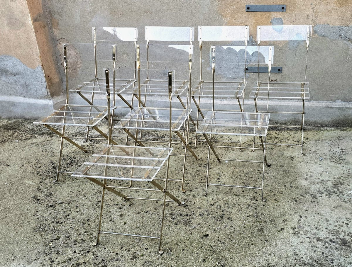 Yonel Lebovici (1937 - 1998) et Bernard Berthet suite de 8 chaises pliantes en plexiglas, 1970-photo-3