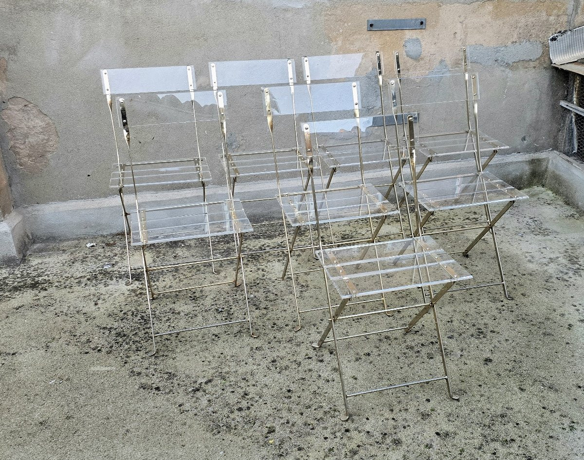 Yonel Lebovici (1937 - 1998) et Bernard Berthet suite de 8 chaises pliantes en plexiglas, 1970-photo-4