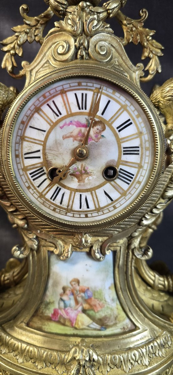 Ensemble de cheminée en bronze doré et porcelaine peinte, style Louis XVI – fin XIXᵉ siècle-photo-1