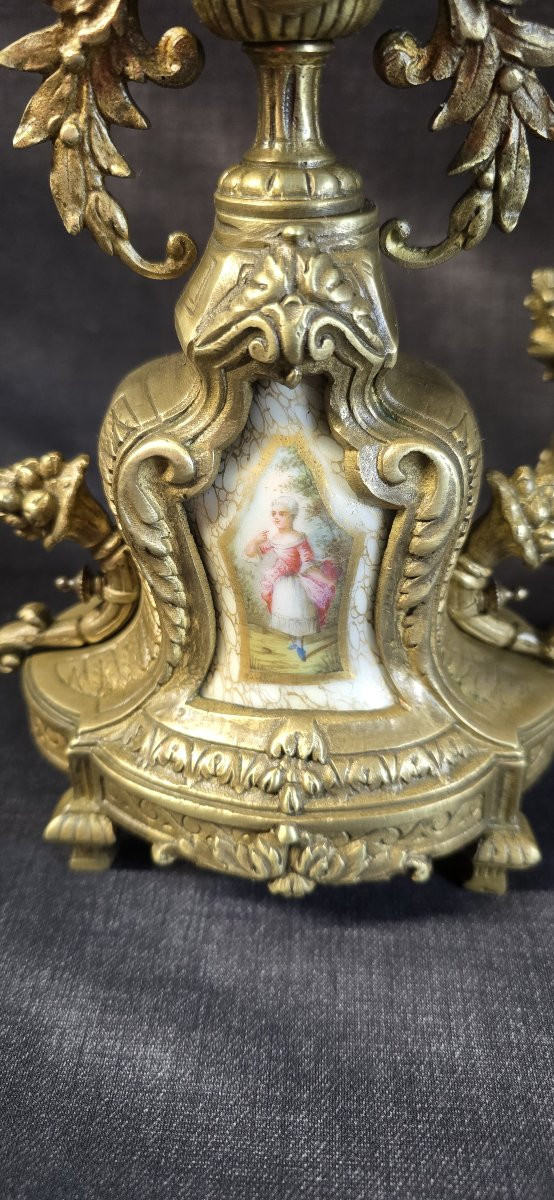 Ensemble de cheminée en bronze doré et porcelaine peinte, style Louis XVI – fin XIXᵉ siècle-photo-3
