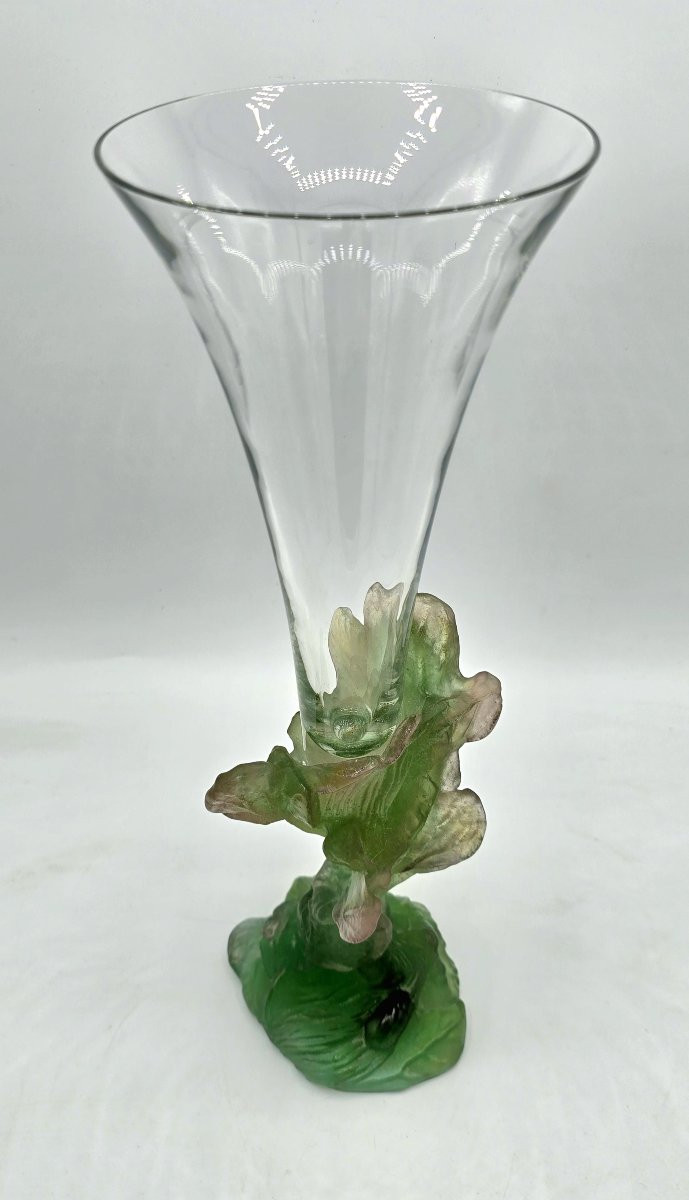 Daum - vase soliflore en cristal et pâte de verre verte à décor végétal-photo-2