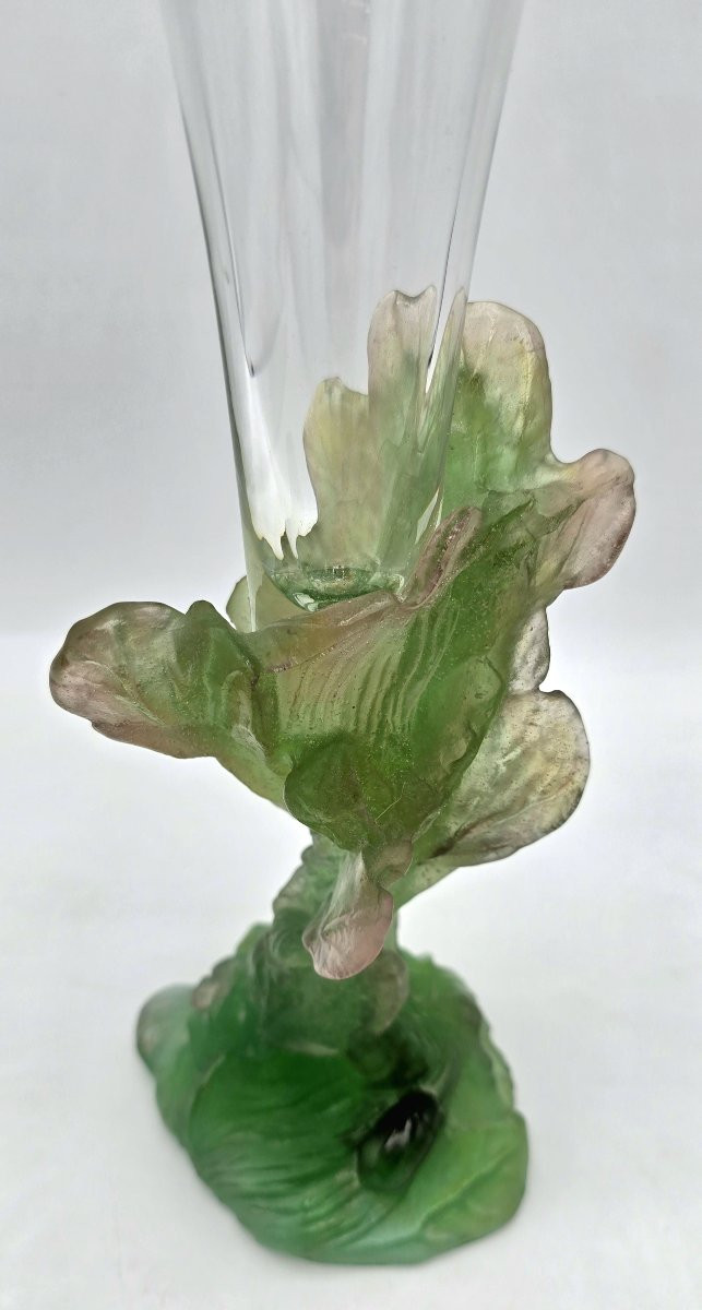 Daum - vase soliflore en cristal et pâte de verre verte à décor végétal-photo-3