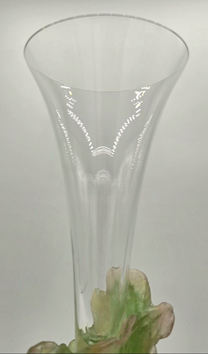 Daum - vase soliflore en cristal et pâte de verre verte à décor végétal-photo-2