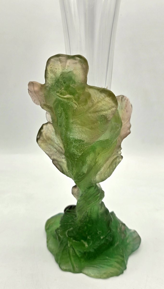 Daum - vase soliflore en cristal et pâte de verre verte à décor végétal-photo-3