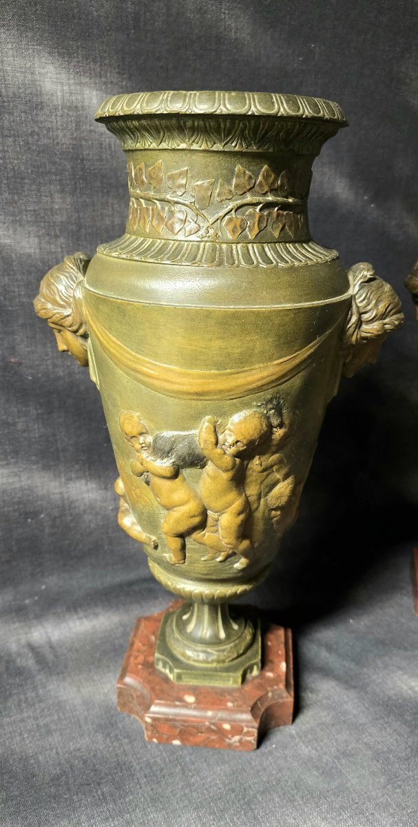 Pair Of Decorative Vases In Patinated Spelter – Neoclassical Style-photo-4