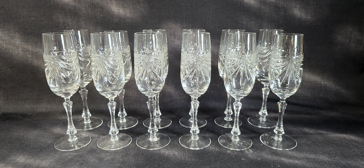 Set Of 12 Crystal Flutes From Lorraine – Height 21.5 Cm-photo-1
