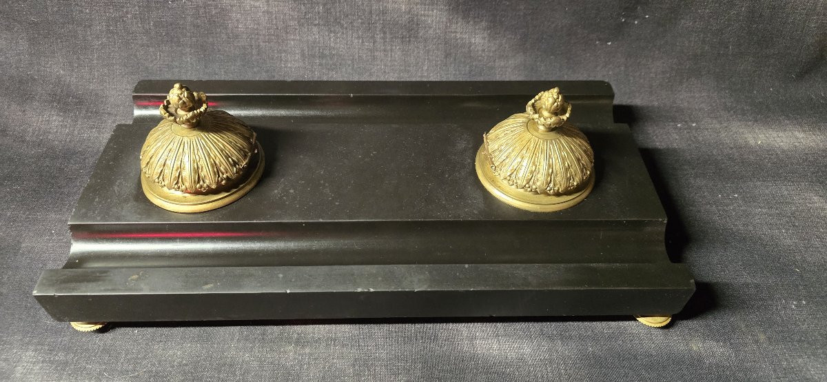 Encrier double ancien en marbre noir et bronze – fin XIXᵉ / début XXᵉ siècle-photo-2