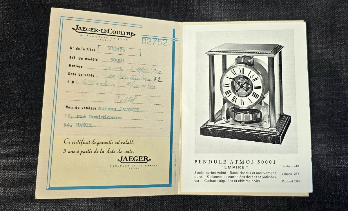 Pendule Jaeger-LeCoultre Atmos modèle Vendôme – réf. 50001 – avec boîte et papiers-photo-5