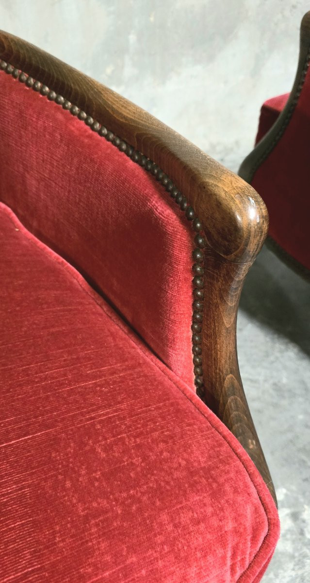 Paire de fauteuils bergère style Louis XV en velours rouge-photo-7