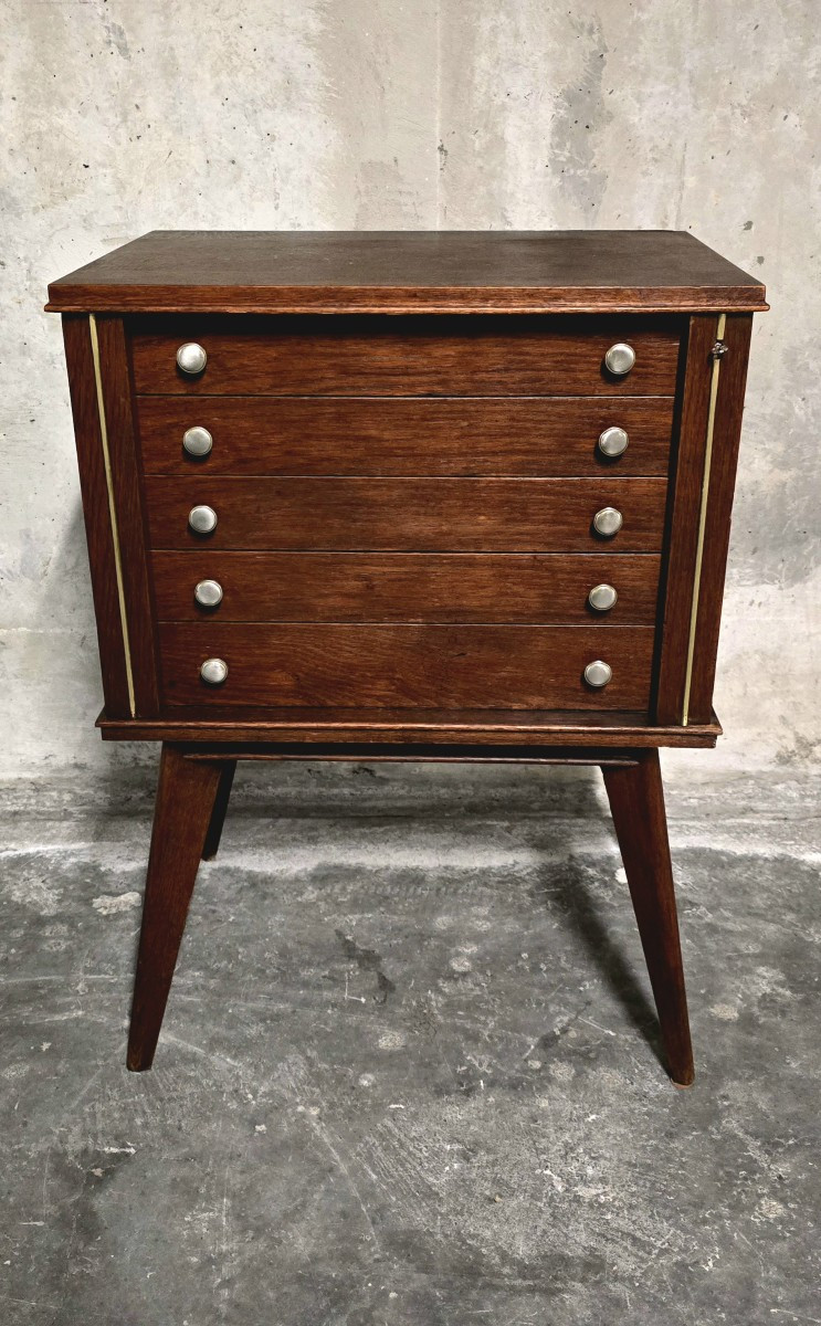 Meuble argenterie vide / meuble à couverts vintage sur pieds compas – années 50