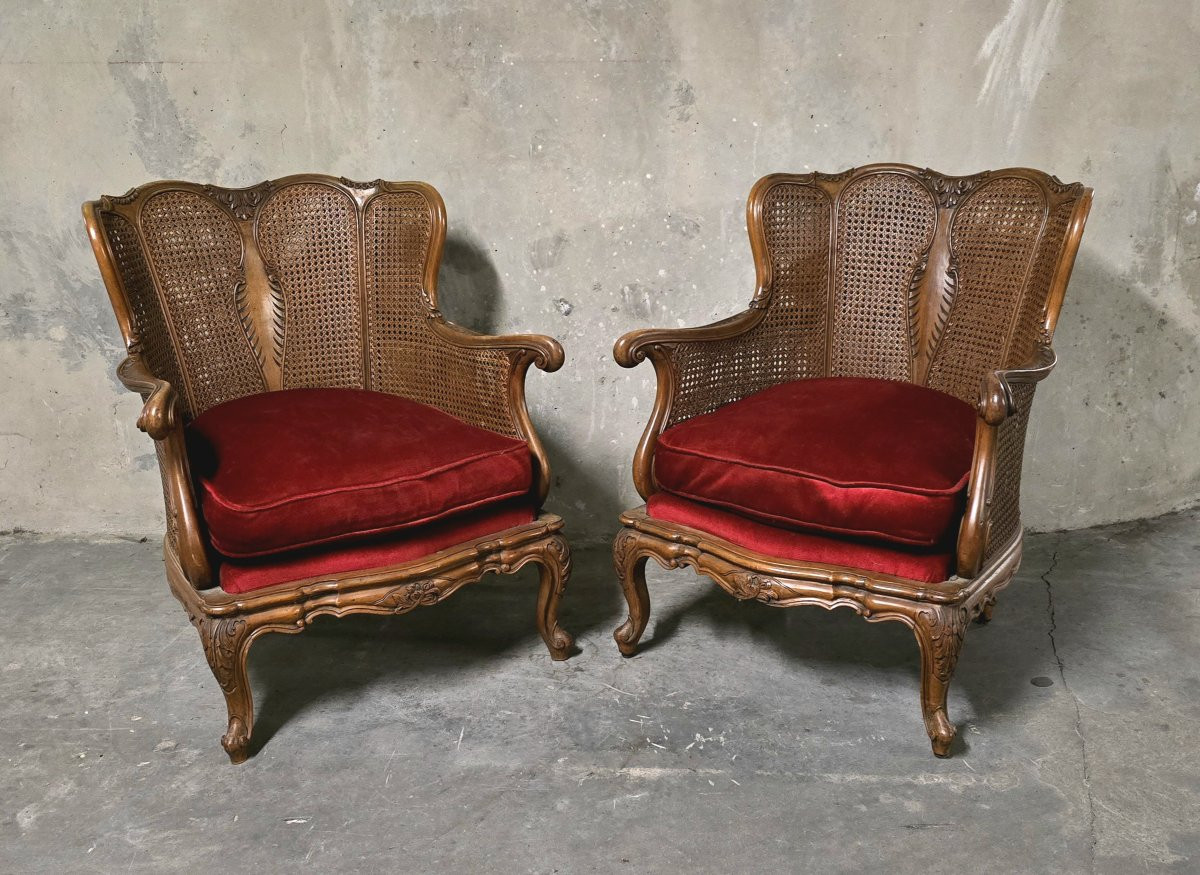 Paire de fauteuils en bois et rotin, style Louis XV-photo-2