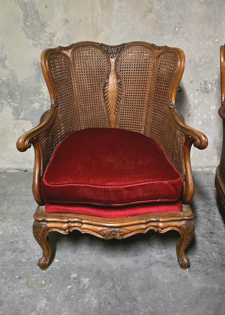 Paire de fauteuils en bois et rotin, style Louis XV-photo-3