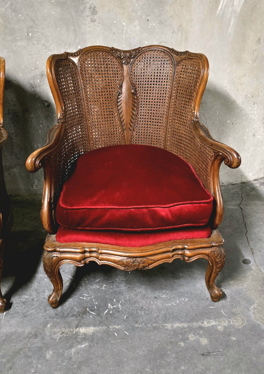 Paire de fauteuils en bois et rotin, style Louis XV-photo-4