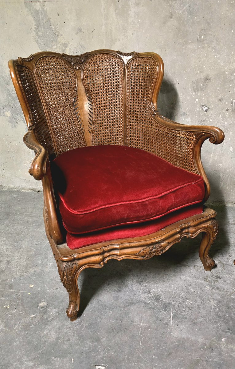 Paire de fauteuils en bois et rotin, style Louis XV-photo-1