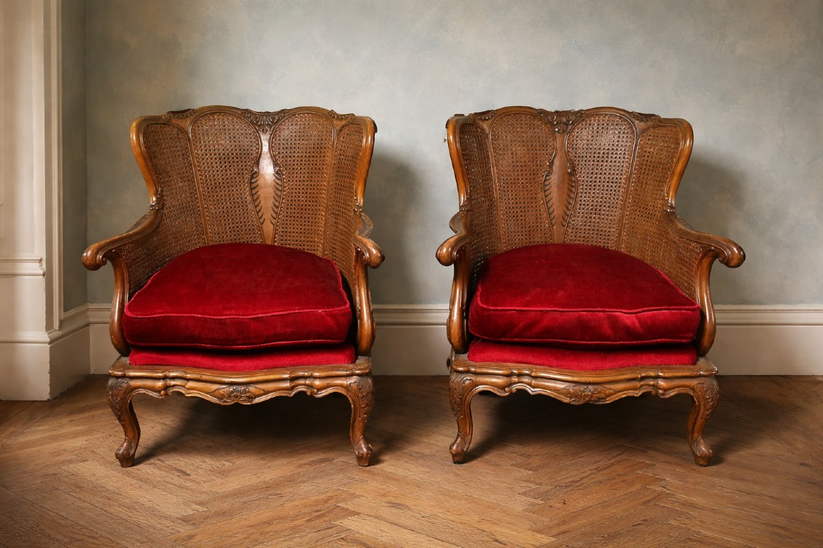 Paire de fauteuils en bois et rotin, style Louis XV