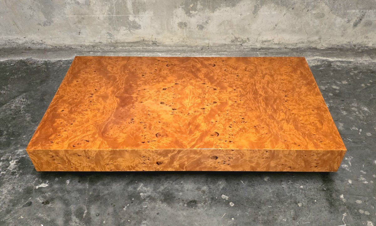 Table basse Jean-Claude Mahey pour Roche Bobois, placage de loupe d’orme, années 70-photo-3