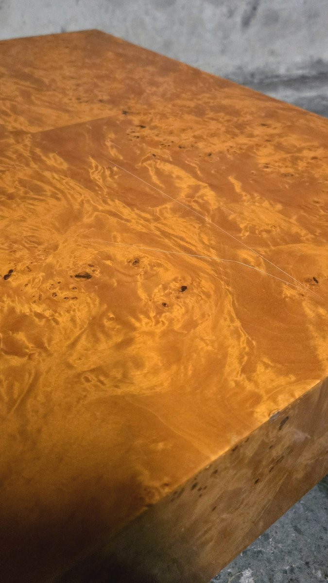 Table basse Jean-Claude Mahey pour Roche Bobois, placage de loupe d’orme, années 70-photo-5