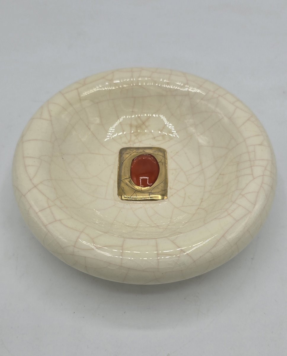 Faïenceries Et émaux De Longwy - Crackle-glazed Earthenware And Red Cabochon Pocket Tidy, 1970s-photo-2