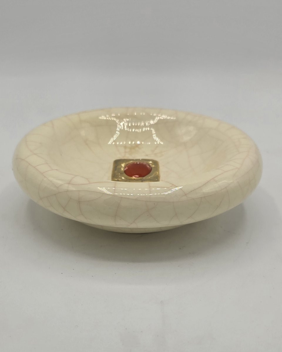 Faïenceries Et émaux De Longwy - Crackle-glazed Earthenware And Red Cabochon Pocket Tidy, 1970s-photo-3