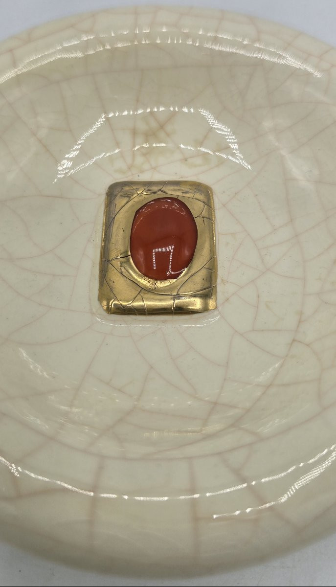 Faïenceries Et émaux De Longwy - Crackle-glazed Earthenware And Red Cabochon Pocket Tidy, 1970s-photo-2
