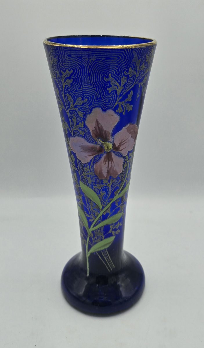 Vase en verre bleu cobalt émaillé et doré, attribué à François-Théodore LEGRAS, 1900-photo-2